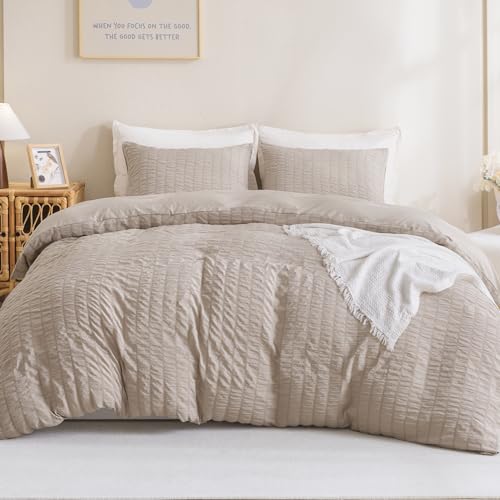 Litanika H SEERSUCKER KHAKI K King Size Comforter Set Khaki, 3 Pieces Lightweight Seersucker Bedding Comforters Sets cover