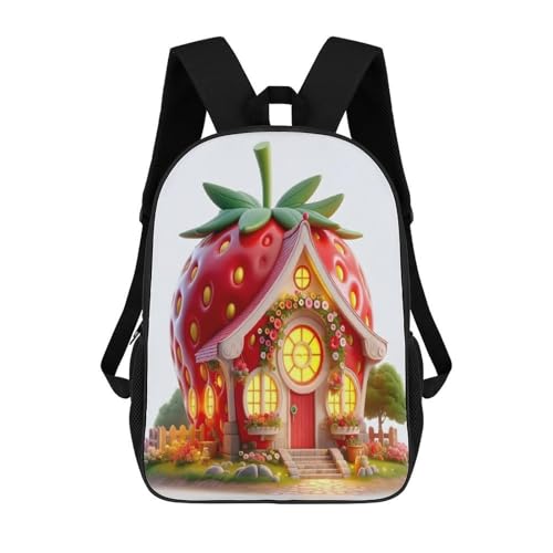17 Inch Backpack Cartoon Strawberry House Print Travel Dayback Shoulder Back Pack Carry On Backpack with Adjustable Shoulder Straps