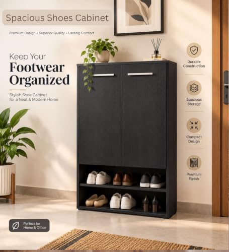 Image of Spyder Craft Engineering Wood Shoe Cabinet for Home, Double Door Shoe Rack with Multiple Shelves, Space Saving Shoe Organizer for Entryway, Living Room & Bedroom, Black, DIY Assembly