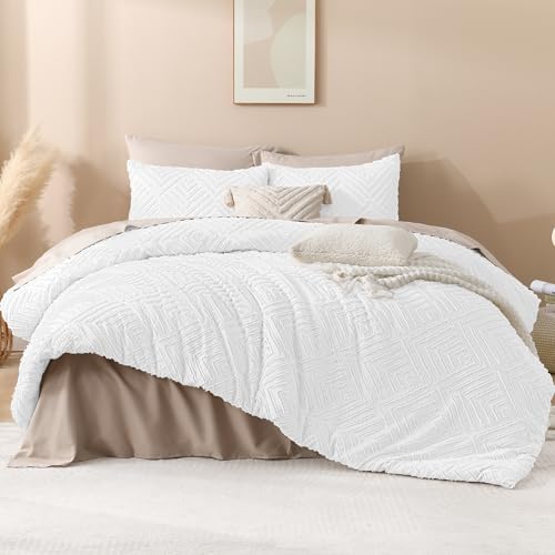 Image of Andency White Comforter Full Size, 3 Pieces Boho Lightweight Fluffy Bedding Comforter Set for Full Bed, Tufted Farmhouse Design Bed Set for All Seasons (1 Comforter 79x90In, 2 Pillowcases)