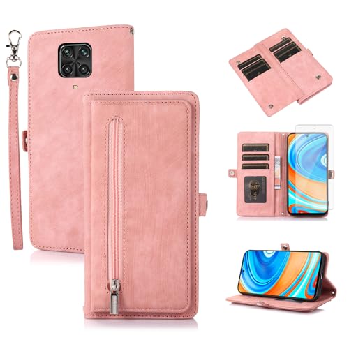 Image of Asuwish Phone Case for Xiaomi Redmi Note 9 Pro/Note 9s/Note9 Pro Max/Poco M2 Pro Wallet Cover With Tempered Glass Screen Protector and Flip Zipper Card Holder Stand Cell Redme Note9S Note9Pro 4G Pink