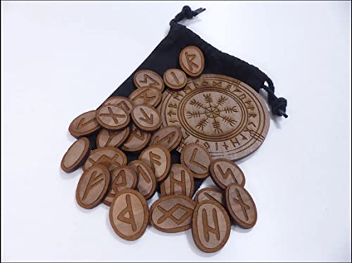 Generisch Vegvísir Vegvisir Wooden Rune Stones Set of 25 Runes 30 x 40 mm Compass 130 mm, Walnut, Runen 30x40mm Kompass 130mm - Image 4