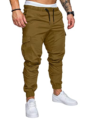 JMIERR Man Fashion Cargo Pants - Casual Cotton Tapered Stretch Twill Chino Athletic Joggers Sweatpants Drawstring Hiking Workout Trousers with Pockets for Men, US 36(L), A Brown