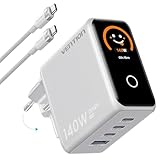VENTION - Cargador USB C de 140 W PD3.1 GaN de 4 puertos, fuente de alimentación plegable con pantalla TFT inteligente + emoticonos AI, cable de 240 W incluido para MacBook, iPhone, Samsung, etc