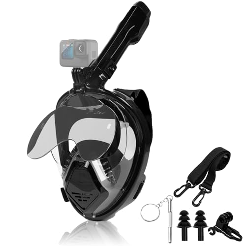 Snorkeling Gear for Adults, Full Face Snorkel Mask Adults with Camera Mount, Snorkel Mask for Glasses Wearers Check Valve Air Inlet Breathe Better, Panoramic View Snorkel Set (Black, L)