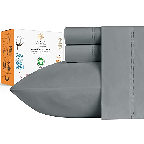 Sleep Mantra Premium 100% Organic Cotton Full Bed Sheet Set - Soft & Cooling Percale Weave - 4 Piece Bedding Set with Deep Pocket - GOTS Certified - Breathable & Eco-Friendly (Full, Dark Gray)