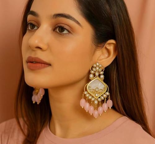 Image of Traditional 20K Gold Plated Kundan Chandbali Earrings with Black Beads and Faux Pearls for Women - Ethnic Wedding & Partyy Wear Statement Jewelry
