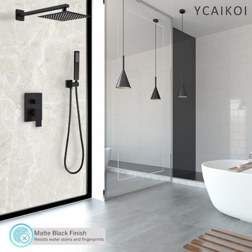 Image of Matte Black Shower System YCAIKOI Wall Mount Shower Faucet Set for Bathroom 10 Inch High Pressure Luxury Shower Head with Handheld, Rough-in Valve Body and Trim Included