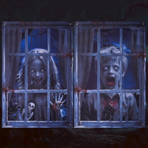 La mejor comparación de Casa fantasma 2 . 21 2 cortinas de Halloween aterradoras para ventana, decoración de terror de Halloween, cubierta de puerta de casa encantada, fantasma, póster de fantasma de sangre para interiores...