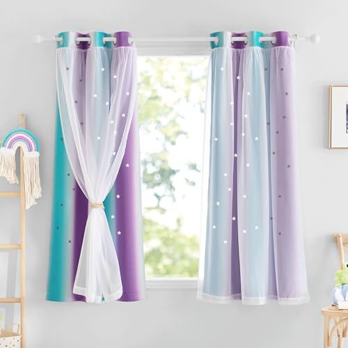 NICETOWN Kids Room Curtains with Hollow-Out Star and Tulle Overlay, Teal Purple Ombre Blackout Curtains for Boys Girls Bedroom Living Room Drcor, 34"