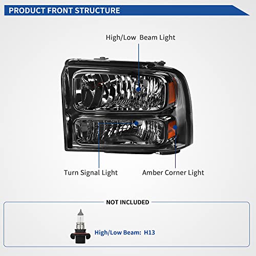 Image of oEdRo Headlight Assembly Compatible with 2005 2006 2007 Ford F250 F350 F450 F550 Super Duty /2005 Excursion, Headlamp with Amber Reflector, Smoke Lens Chrome Housing