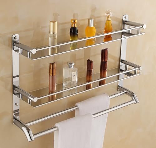 Image of EVANEX 3-Layer Bathroom Shelf 304 Grade Stainless Steel Bathroom Organizer Racks and Shelves | Bathroom Storage Shelf with Towel Bar | Wall Mount Multipurpose Shelf | Bathroom Accessories Set