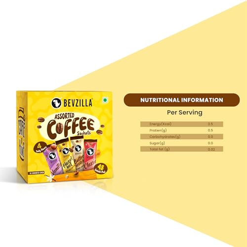 Image of Bevzilla Instant Coffee Powder 96 Sachet |Hazelnut, classic, Vanilla & Butterscotch | 24 Sachets Each Flavour| Hot & Cold Brews| Makes 96 Cups|Arabica Coffee| Perfact For Espresso, Latte, Cappuccino