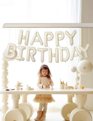 Image of Cream Happy Birthday Balloon Banner, 16 Inch Cream White Happy Birthday Foil Balloons, Neutral Beige Letter Balloons Sign for Women and Girls, HBD Party Decorations, Photo Backdrop Supplies