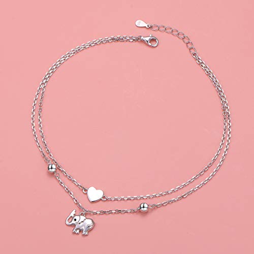 Image of Flyow Anklet for Women S925 Sterling Silver Adjustable Foot Beaded Heart Charm Ankle Bracelet Anklets Jewelry
