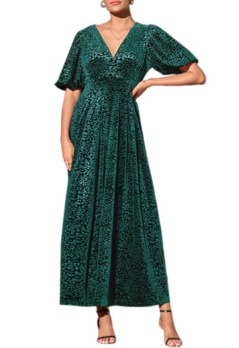 Sissyaki Women's Velvet Formal Dresses for Wedding Guest 2025 Green Leopard Embossed Velvet Fall Dress S