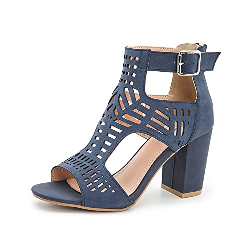 UGOSELEC Women Open Toe Chunky Heels Sandals,Summer Comfy Non-Slip Cutout Ankle Strap Block Heel Party Dressy Sandals Gladiator Sandals (5,Blue,5)