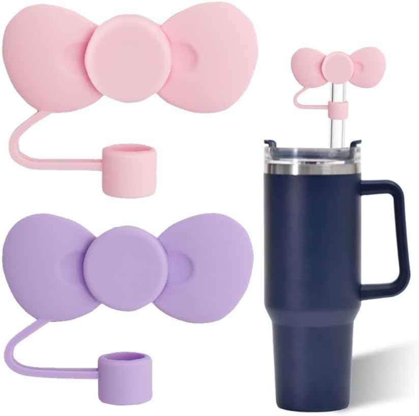 Pink and Purple Bow Straw Cover for Stanley 40&30 Oz Cup, 10mm Silicone Straw Covers Cap for Stanley Cup Accessories, Cute Topper for Tumblers, Cap Stopper for Reusable Straws