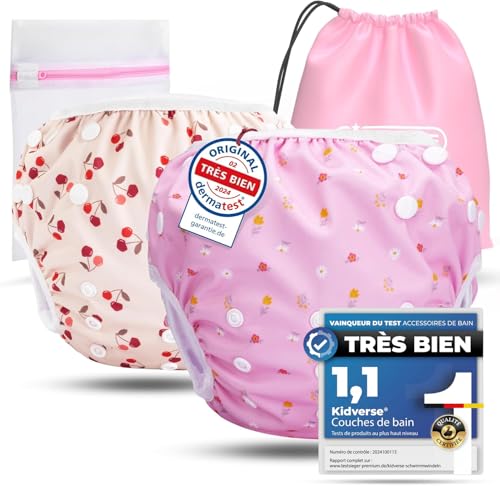 KIDVERSE 2x couche piscine bébé 0 à 3 ans - réglable, réutilisable & lavable avec pochette - pour fille & garçon - qualité certifiée - couche de bain...