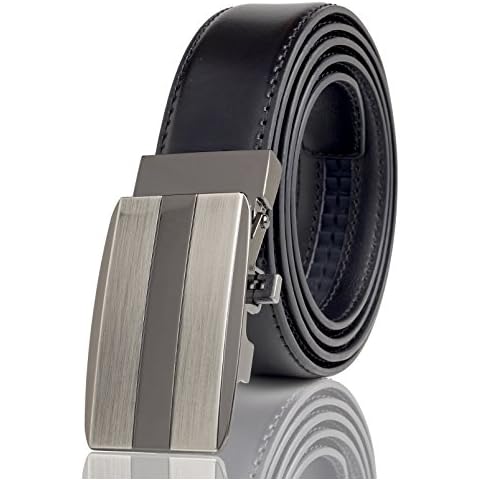 Cremson Men Gift Genuine Leather Metal Automatic Buckle Track Ratchet Dress Belt - Gunmetal & Silver Automatic Buckle/Black Leather Cover