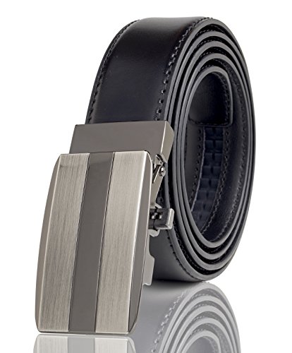 Cremson Men Gift Genuine Leather Metal Automatic Buckle Track Ratchet Dress Belt - Gunmetal & Silver Automatic Buckle/Black Leather