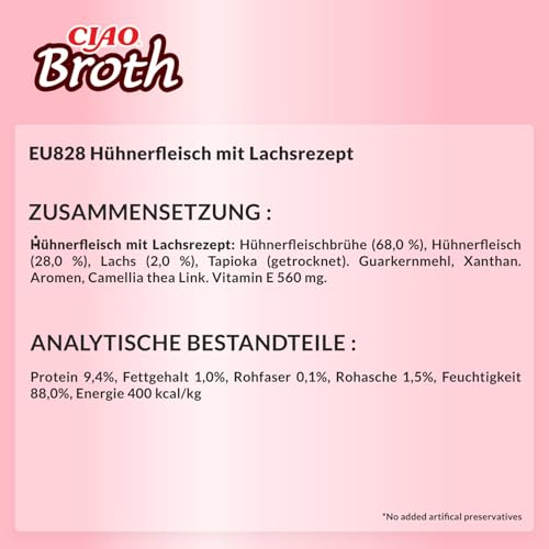 INABA Ciao Broth Katzenfutter Nass 88% Feuchtigkeit und Vitamin E, Premium Katzensuppe mit Huhn & Lachs 40 g (1er Pack), 100% natürliches Fleisch, Getreidefrei, Zuckerfrei