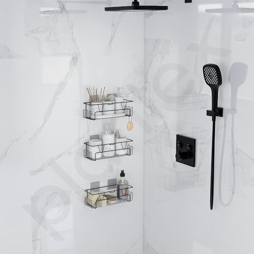 Image of Plantex Bathroom Organiser Without Drill /Self Adhesive Bathroom Shelf for Wall /GI Steel Rack with Side Hooks & Magic Sticker /Bathroom Accessories Set (Black, Powder Coated) - Pack of 3