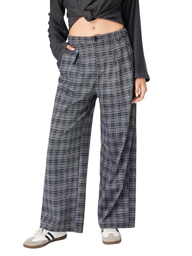 CIDER Plaid Wide Leg Pants for Women with Pockets Mid Waist Checkered Pants Business Casual Trousers Trendy4
