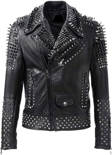 LP-FACON Chaqueta de cuero con tachuelas - Chaquetas de cuero Brando Punk Rock con pinchos para hombre, Negro, S