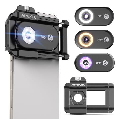 Image of APEXEL 3-in-1 Phone Microscope Lens, PhoneMicro 5 Series 100X /200X /300X Phone Micro Lens for Android /iPhone with LED Light /CPL /Universal Clip, Phone Lens Attachment Mini Pocket Microscope Camera
