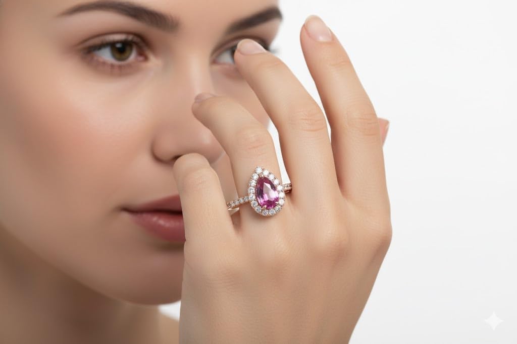 Choose Your Gemstone 18K Rose Gold Ring Pear Shape Halo Diamond Design Wedding Engagement Handmade and Fashion Jewelry for Women Girl Available in Size 4,5,6,7,8,9,10,11,12