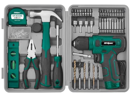 Image of Hi-Spec 8V Cordless Drill and Tool Kit with Essential Hand Tools, Green | Power USB Rechargeable, Home Improvement, faster holes and screwdriving, portable, light-duty project, home setup help