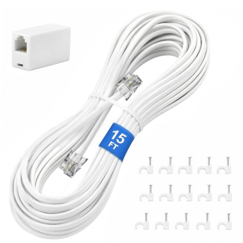 Uvital 15FT Phone Extension Cord RJ11 Coupler and Cable Clips White