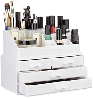 Relaxdays Organizer do makijażu, mały, 2-częściowy zestaw do przechowywania kosmetyków z akrylu, z uchwytem na szminki i 4 szufladami, biały, 19 x 24 x 13,5 cm
