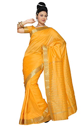 Sanskruti India Womens Indian Ethnic Traditional Banarasi Art Silk Saree Sari Wrap Fabric Dress Drape (Yellow)