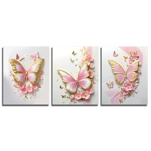 Image of ACIYQHI Modern Butterfly Art Poster Bedroom Wall Art Pink Wall Decor,Abstraction Art Posters Bathroom Aesthetics Decortions Set of 3 (8"x10",Unframed)