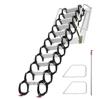Wall Mounted Attic Ladder - 12-Step Durable Pull Down Attic Stairs with a Maximum Load Capacity of 880 lbs, Perfect Folding Attic Ladder for Easy Access to Garages, Roofs, and Basements