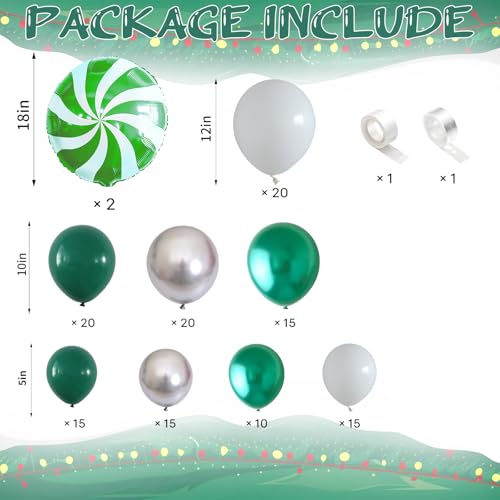 Green Christmas Balloon Garland Arch Kit, 134PCS Retro Green White and Silver Balloons with Pinwheel Foil Balloons for Christmas Baby Shower New Year Winter Holiday Birthday Party Decorations - Image 3