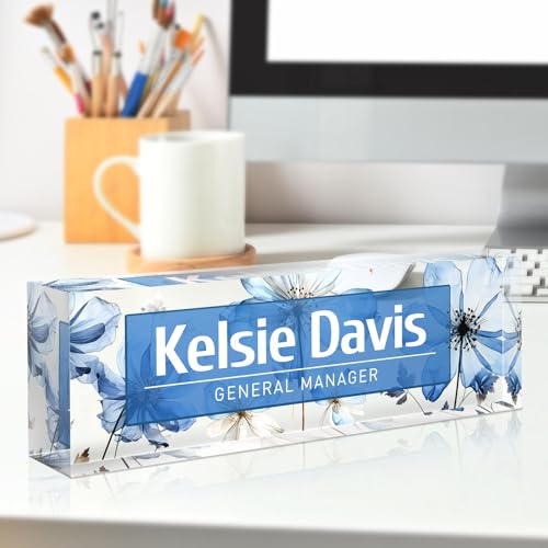 Custom Name Plate for Desk - Personalized Gifts Acrylic Name Plate for Women Men - Office Decor Gifts for Coworkers, Boss, Employees, Teacher, Social Worker (Blue Flower)