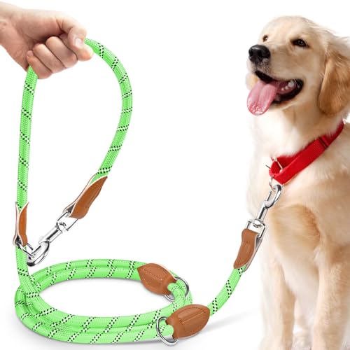 PETCOOZ Guinzaglio Doppio per Cani, Guinzaglio per Cani 3M Regolabile con Fino Riflettente, Multifunzione e Resistente di Cani Piccoli, Medi e Grandi, Verde Fluo