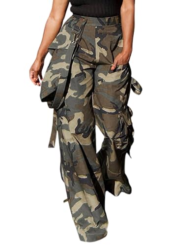 Women's Baggy Camo Cargo Pants High Waist Streetwear Camouflage Army Wide Leg Pants with Pockets