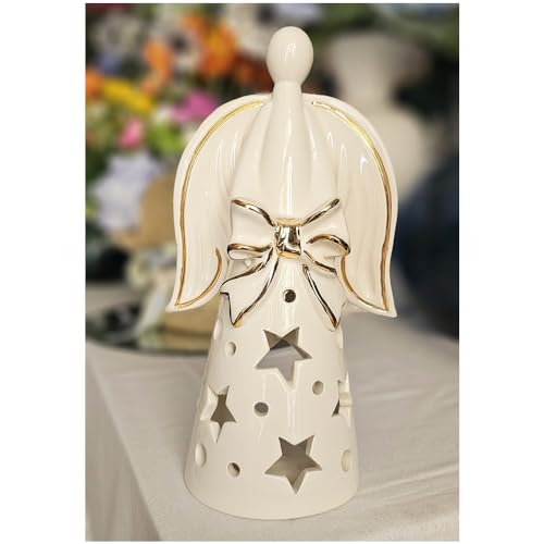 100% Made in Italy. Generico Ad REM Collection Statuina Angelo di Natale, portacandela in Porcellana di Capodimonte Bianco/Oro, Artigianale 100% Made in Italy H28xD16 cm