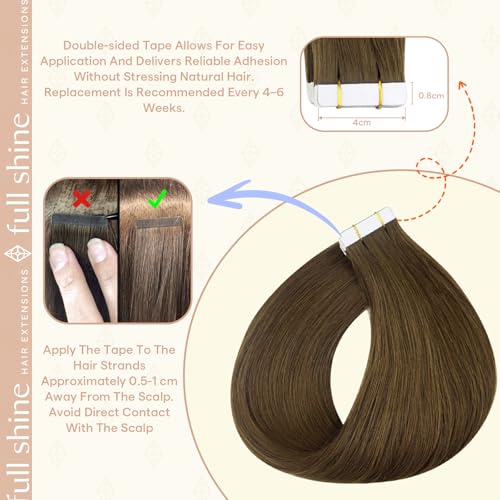 Image of Full Shine Hair Extensions Tape in, Medium Brown 12 Inch | 30g 20PCS, Remy Double Sided Human Hair Tape in Extensions Invisible Natural Seamless Skin Weft Extensions for Party