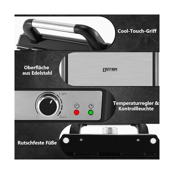 Kontaktgrill 180-Grad-Öffnung, Antihaftbeschichteter Panini , Kontakt Sandwich Grill, 1800W Sandwichtoaster mit Abnehmbarer Tropfschale, Einstellbare Temperatur, Edelstahl – Bild 3