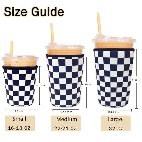 Image of Reusable Insulated Sleeve for Iced Coffee Cup, Coffee Neoprene Sleeve for Cold & Hot Drinks, Beverage Holder for Iced Coffee (Checker Grid, Medium: 22-24oz)