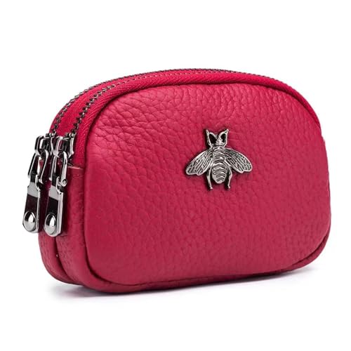 Genuine Leather Coin Purse - Double Zipper Bee Change Pouch Wallet Card Holder Coin Bag (Red)
