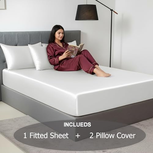 Image of Soft and Silk Satin Fitted Bedsheet for Single Size 36X75 +12 in - Elastic Fitted Sheet 400 TC Hotel Collection for Bedroom | Fitted Sheet with Pillow Cover White, Single Bed