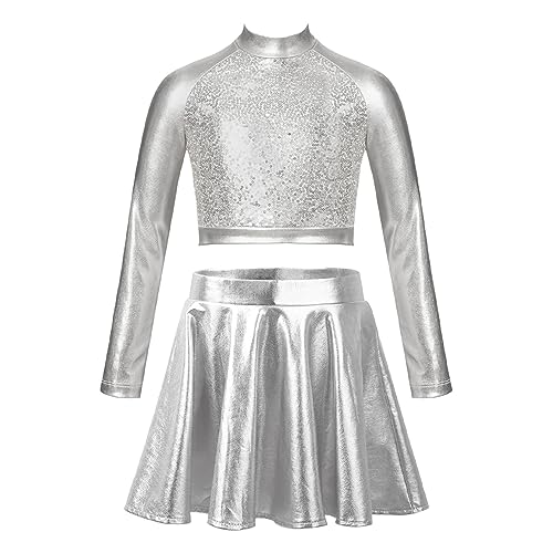 MSemis Mädchen Glänzend Zweiteiler Tanz Outfit Langarm Tanzshirts +Tanzrock Hip-Hop Jazz Tanz Kleidung Silber 134-140