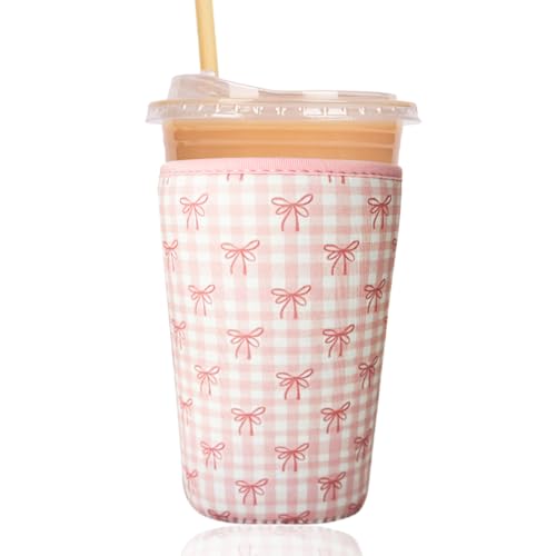 Image of Reusable Insulated Sleeve for Iced Coffee Cup, Coffee Neoprene Sleeve for Cold & Hot Drinks, Beverage Holder for Iced Coffee (Lovely Bows, Large: 32oz)