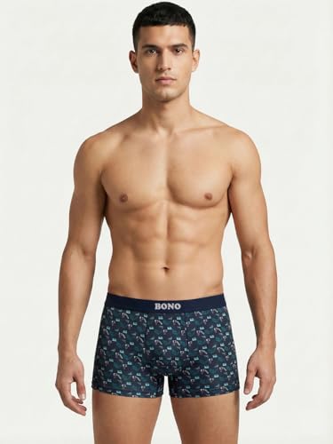 Image of BONO Mens Trunks Pack of 2 Cotton Underwear Breathable Printed Anti-Bacterial Underwear Men Trunk with No Marks Nylon Buffed Stretchable Waistband